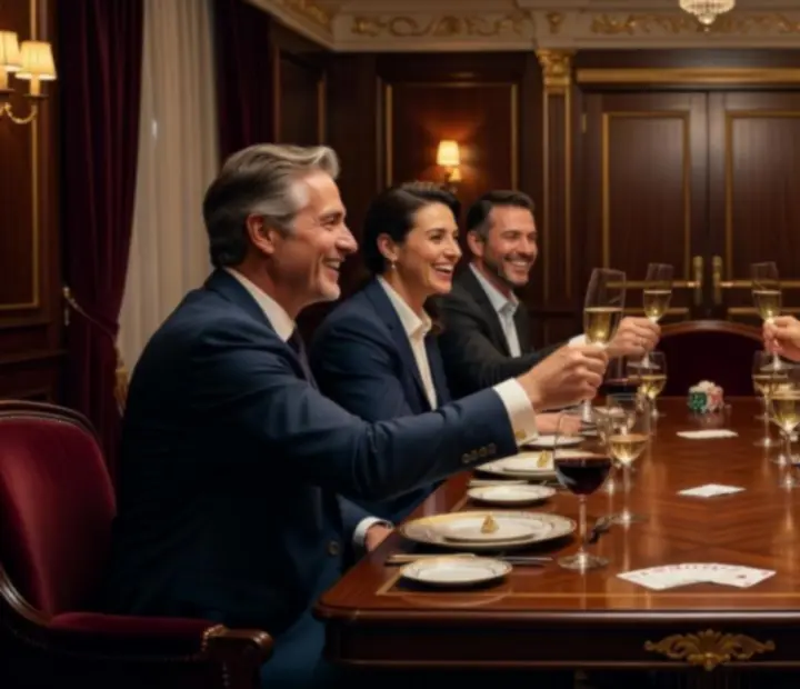 Cinematic moments of guests laughing, dining and celebrating together in a luxurious restaurant lounge