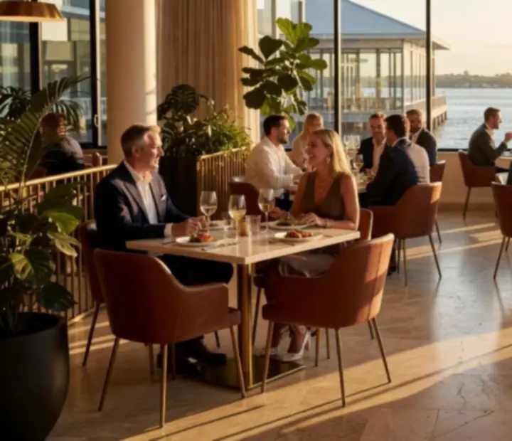 Cinematic evening at VelvetDealerLounge with guests dining and enjoying the poker lounge.