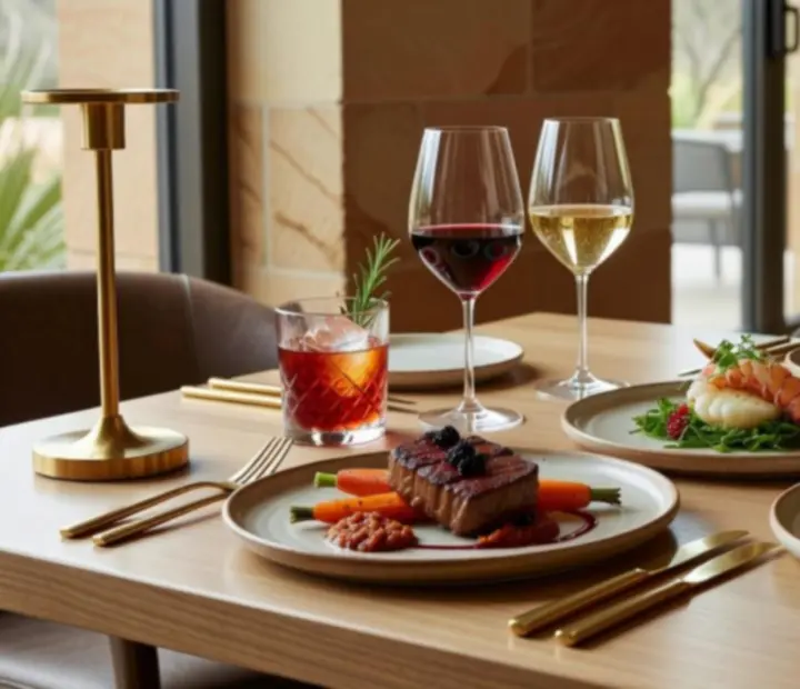 Editorial-style photography of gourmet Australian dishes and cocktails in a refined restaurant setting