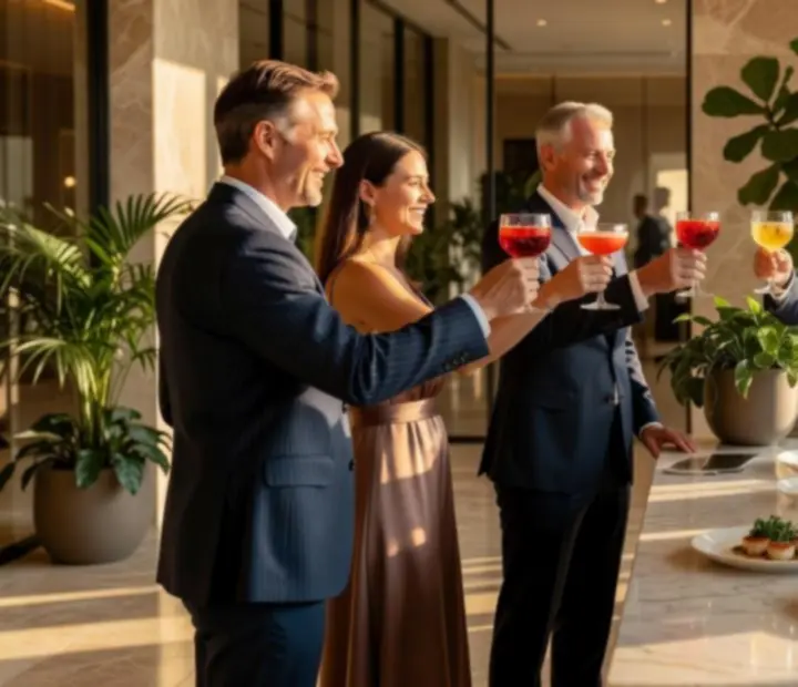 A cinematic gallery view of guests at VelvetDealerLounge, dining, toasting and enjoying poker tables under warm golden-hour lighting.
