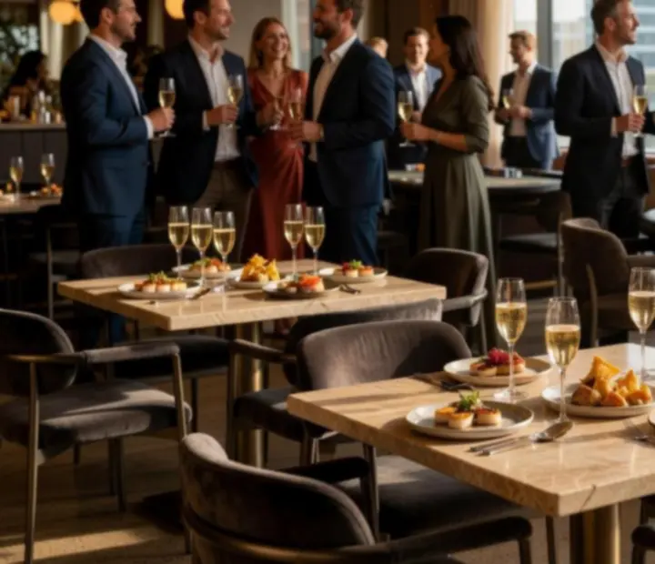 Guests enjoying an elegant evening at VelvetDealerLounge with gourmet dishes and a softly lit poker lounge.