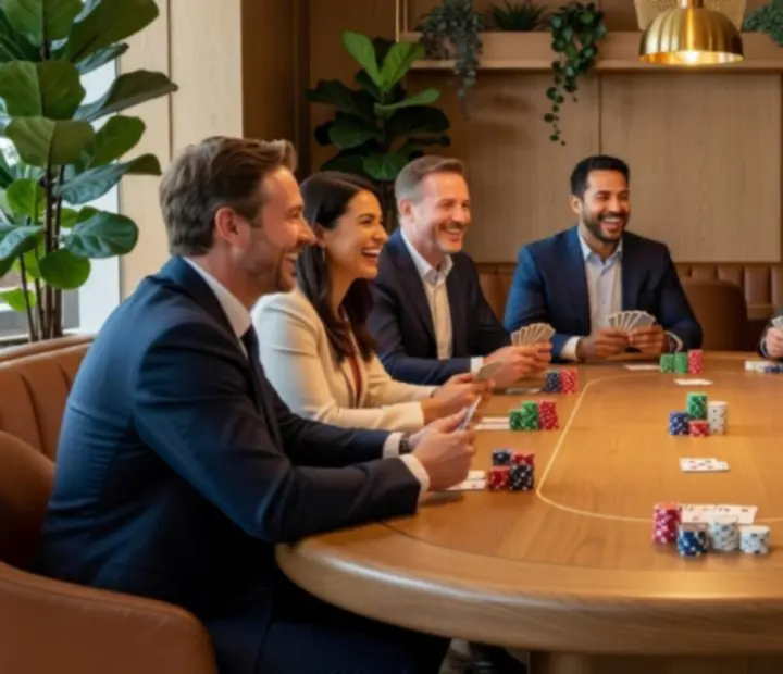 Guests gathered around a refined poker table at VelvetDealerLounge, enjoying cards, cocktails and conversation.
