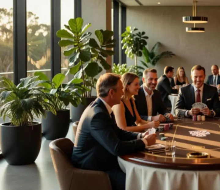 Cinematic photograph capturing players, chips and cocktails during an offline poker night.
