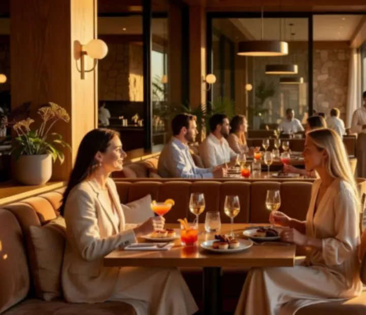 Golden hour event in a modern Australian restaurant with long tables and glowing sunset light