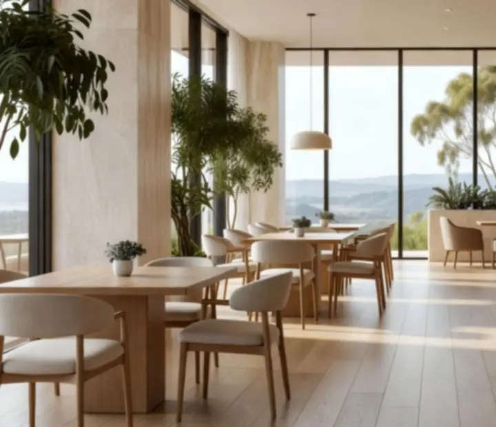 Bright gourmet restaurant interior featuring light timber, travertine and designer furnishings