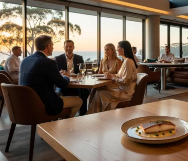 Cinematic view of guests dining and playing poker in a contemporary Australian restaurant lounge