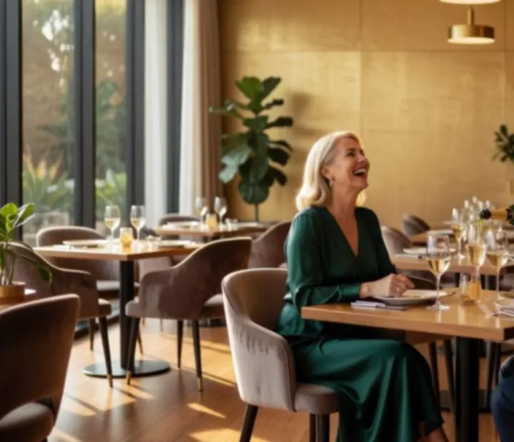 Warm hospitality moment with a host welcoming guests in a cinematic, softly lit restaurant