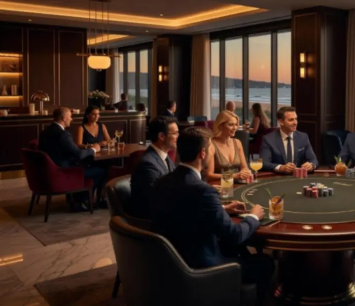 Guests enjoying a refined offline poker evening in a luxurious Australian lounge setting.