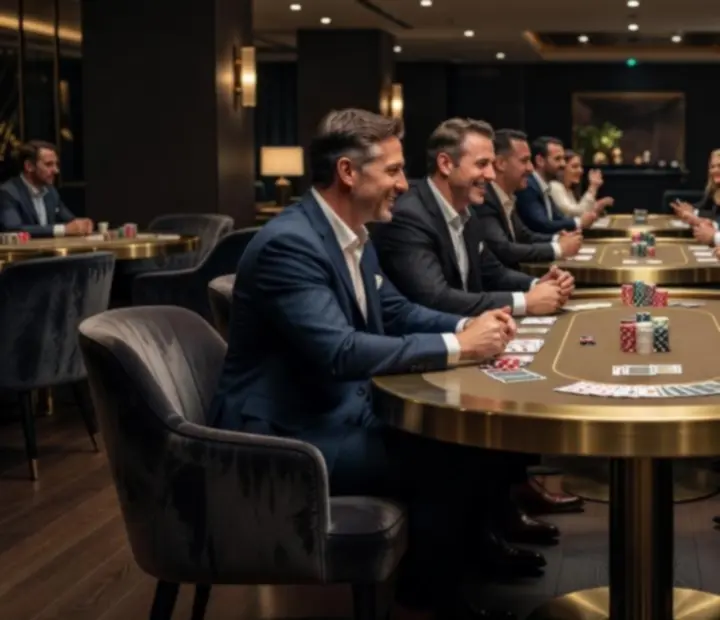 Guests enjoying a friendly poker evening at an elegant brushed brass poker table