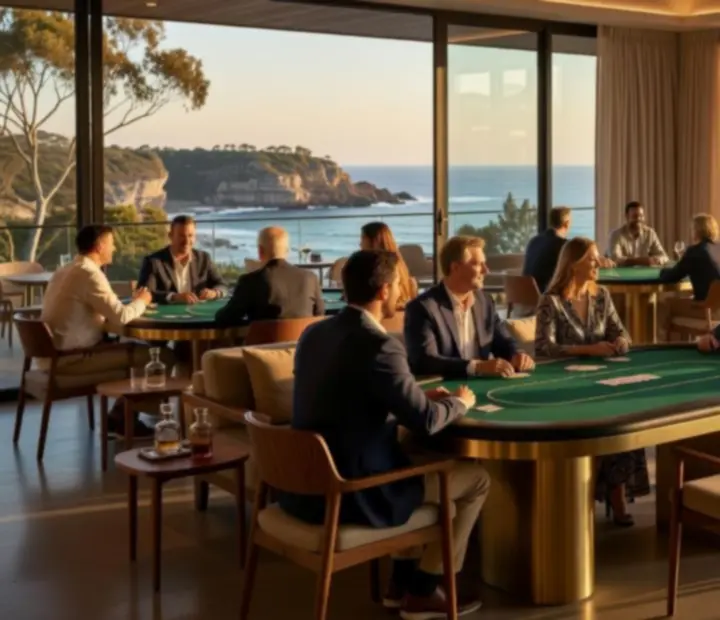 Guests enjoying an elegant offline poker night in a contemporary Australian restaurant lounge.