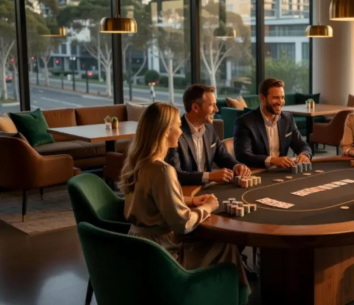 Elegant offline poker evening at VelvetDealerLounge with guests enjoying friendly tournament-style play