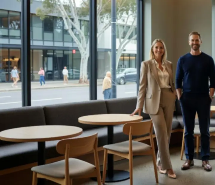 Founders of VelvetDealerLounge enjoying a relaxed Australian lifestyle moment in a refined dining setting.