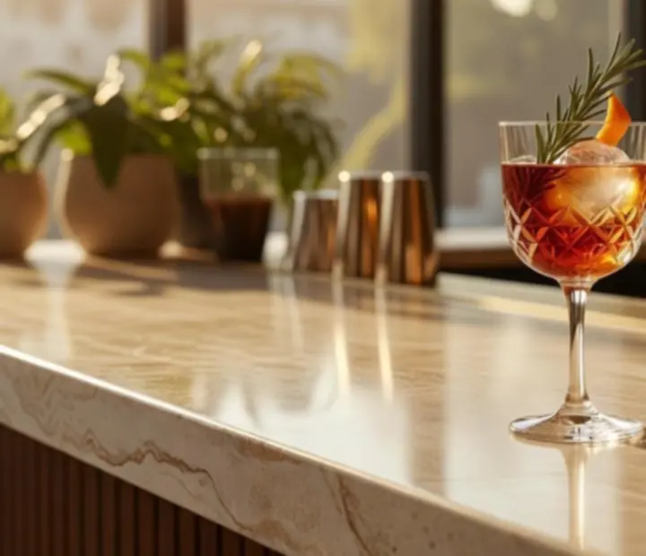 Signature cocktail at golden hour on a marble bar in the lounge.